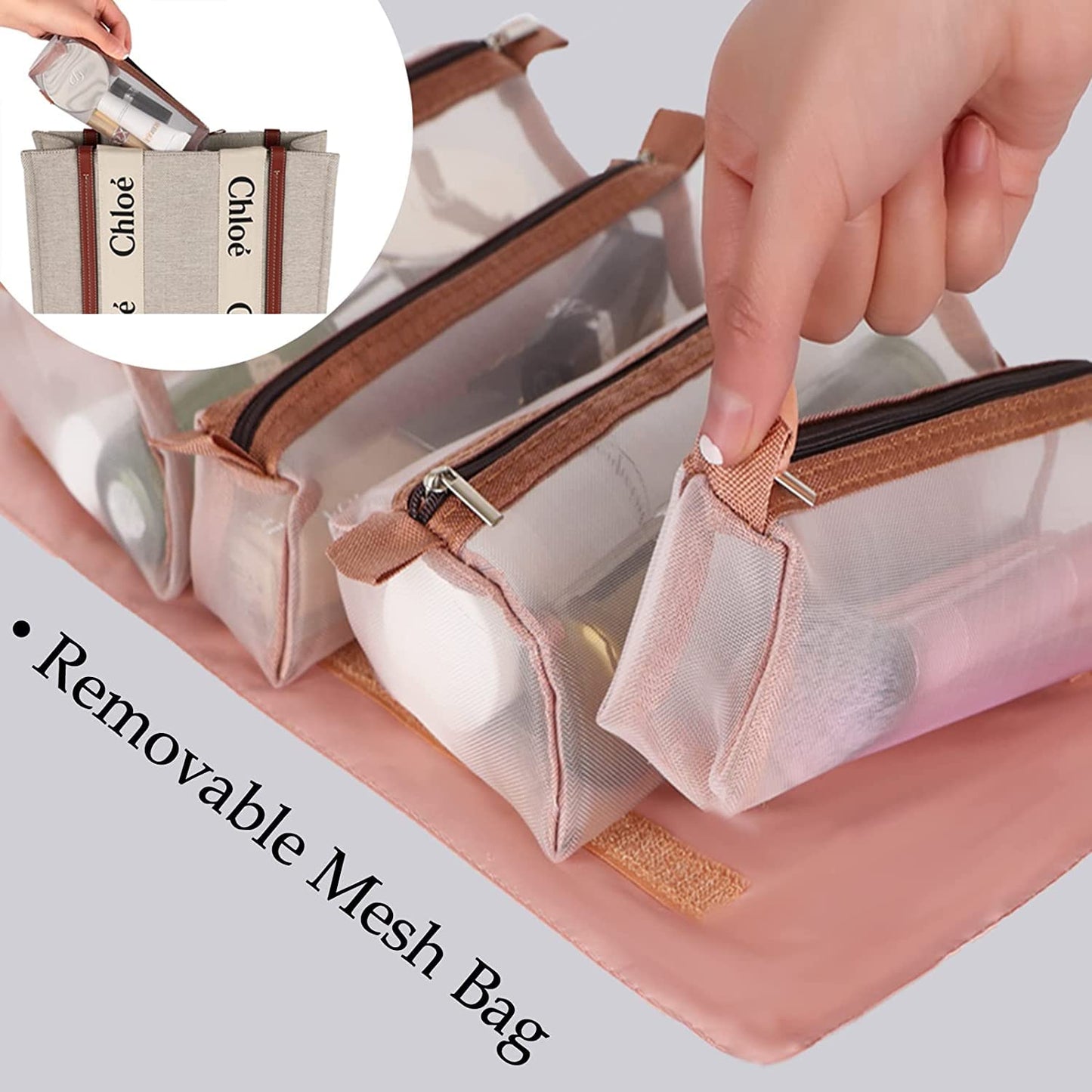 Folding Travel Toiletry Bag with 4 Compartments,Detachable Cosmetic Organizer (Pink)